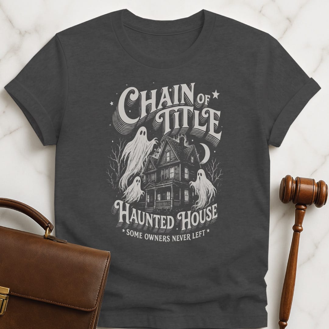 cool law graduate graphic tee that says Chain of Title Haunted House Some Owners Never Left featuring ghosts at a haunted house in grey