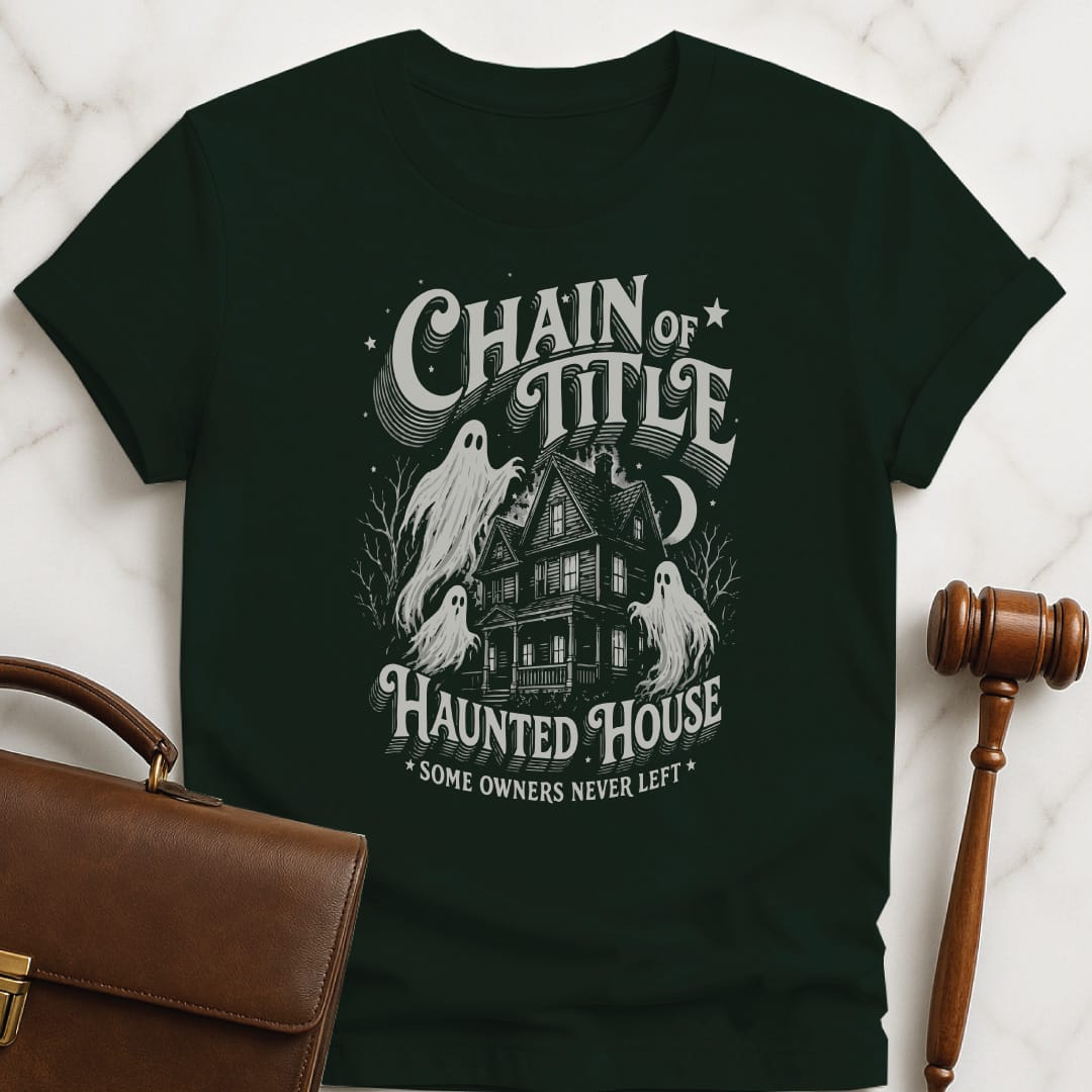halloween new lawyer t-shirt that says Chain of Title Haunted House Some Owners Never Left featuring ghosts at a haunted house in green
