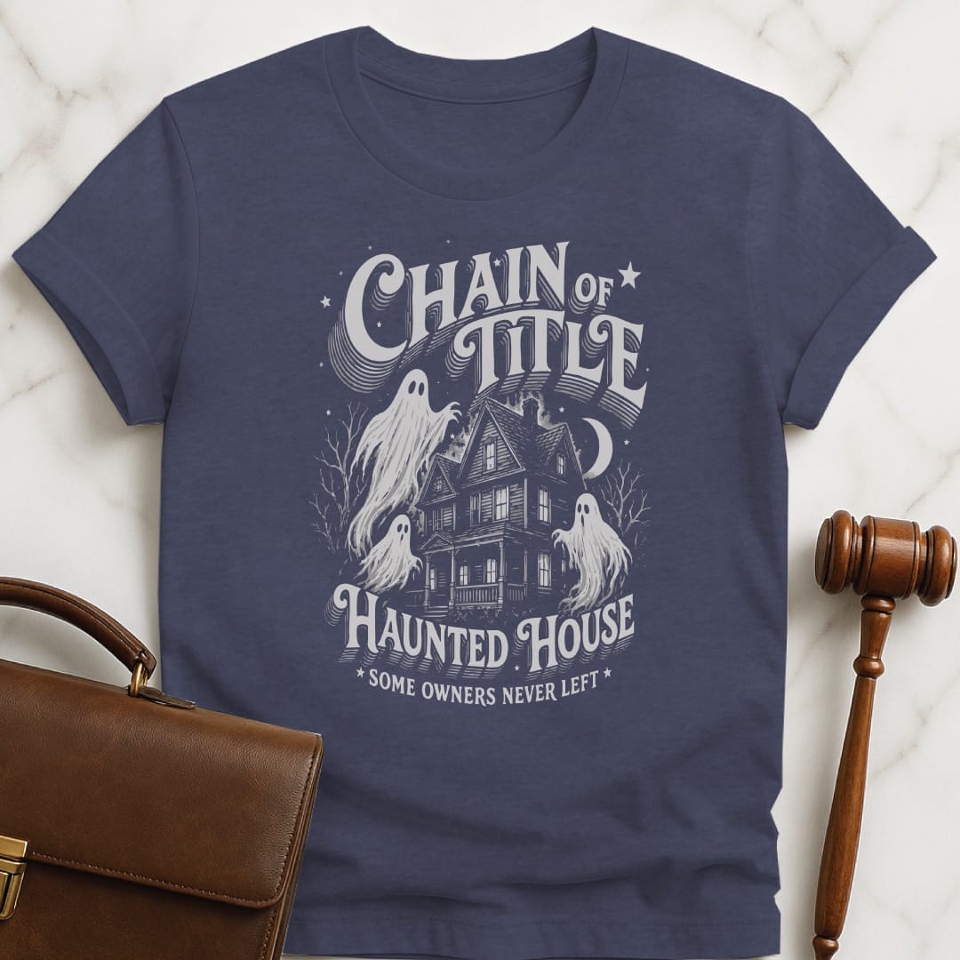 cool new attorney t shirt that says Chain of Title Haunted House Some Owners Never Left featuring ghosts at a haunted house in heather blue