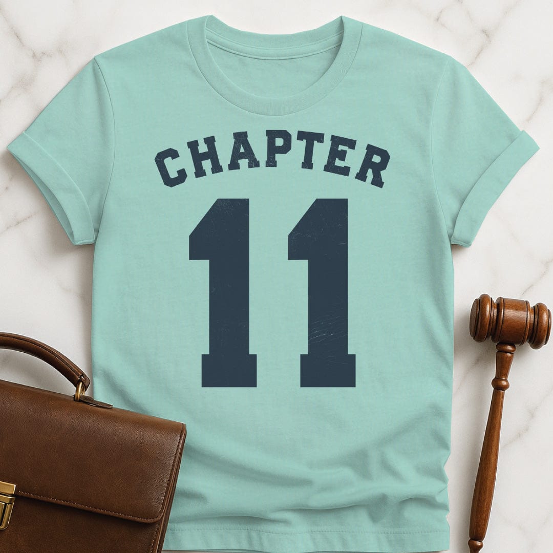 funny law school grad graphic t-shirt that says Chapter 11 in heather green
