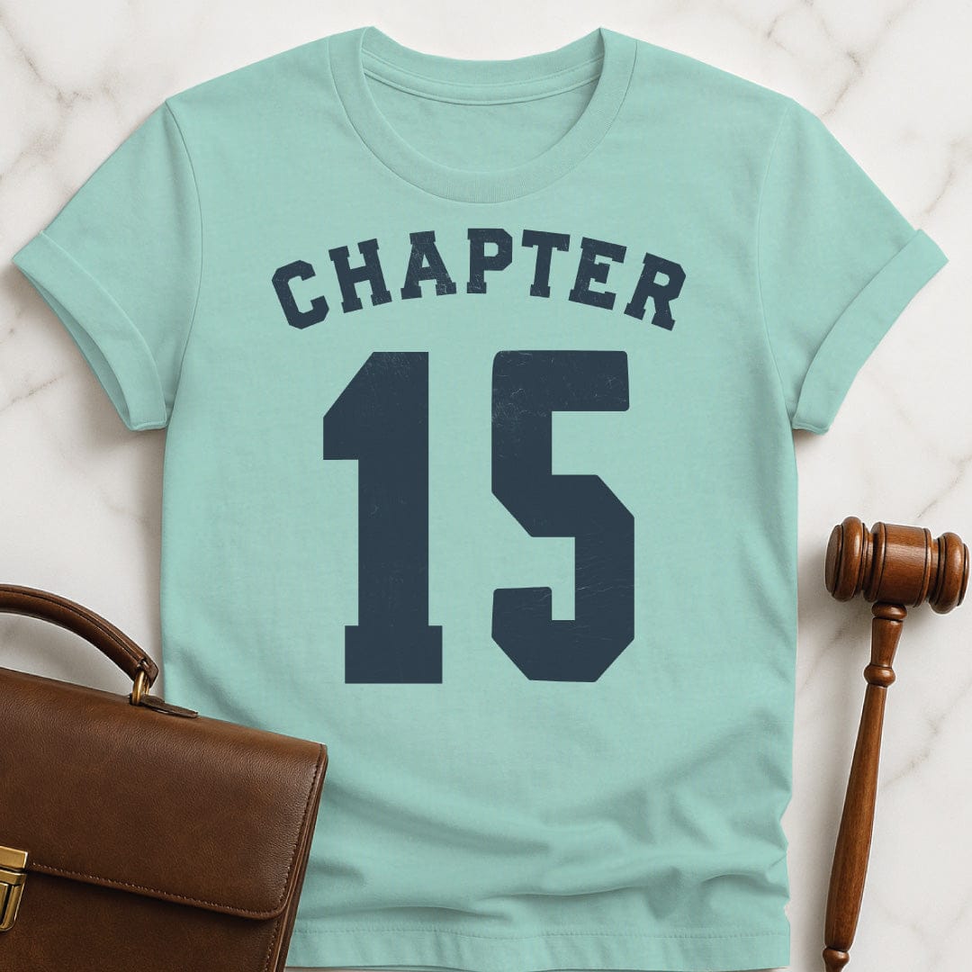 funny law school grad graphic t-shirt that says Chapter 15 in heather green