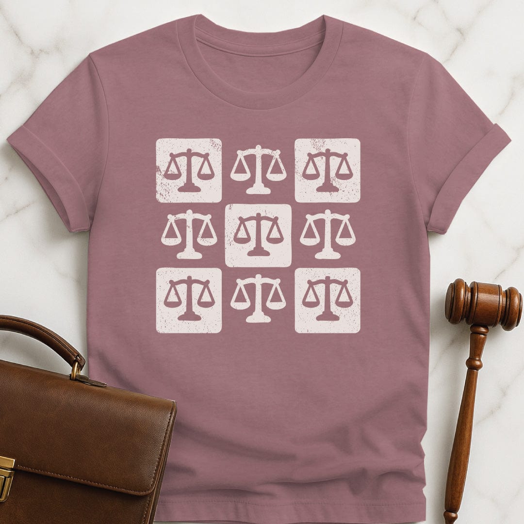 cute law school grad t-shirt featuring checkered scales of justice in heather mauve