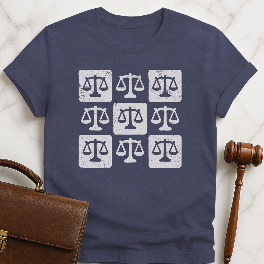 trendy lawyer graphic tee featuring checkered scales of justice in heather blue
