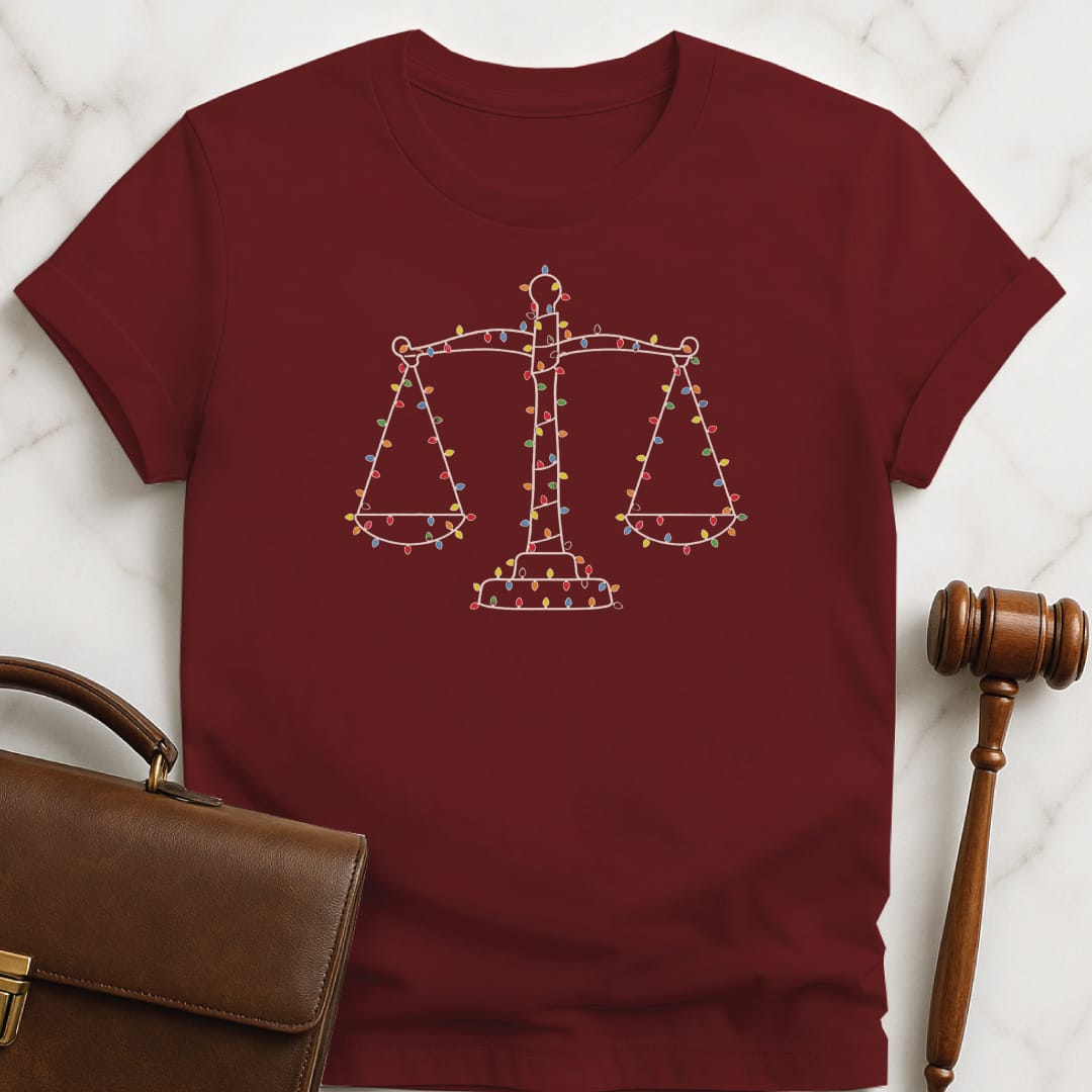 cool law school graduate graphic tee featuring scales of justice in christmas lights in red