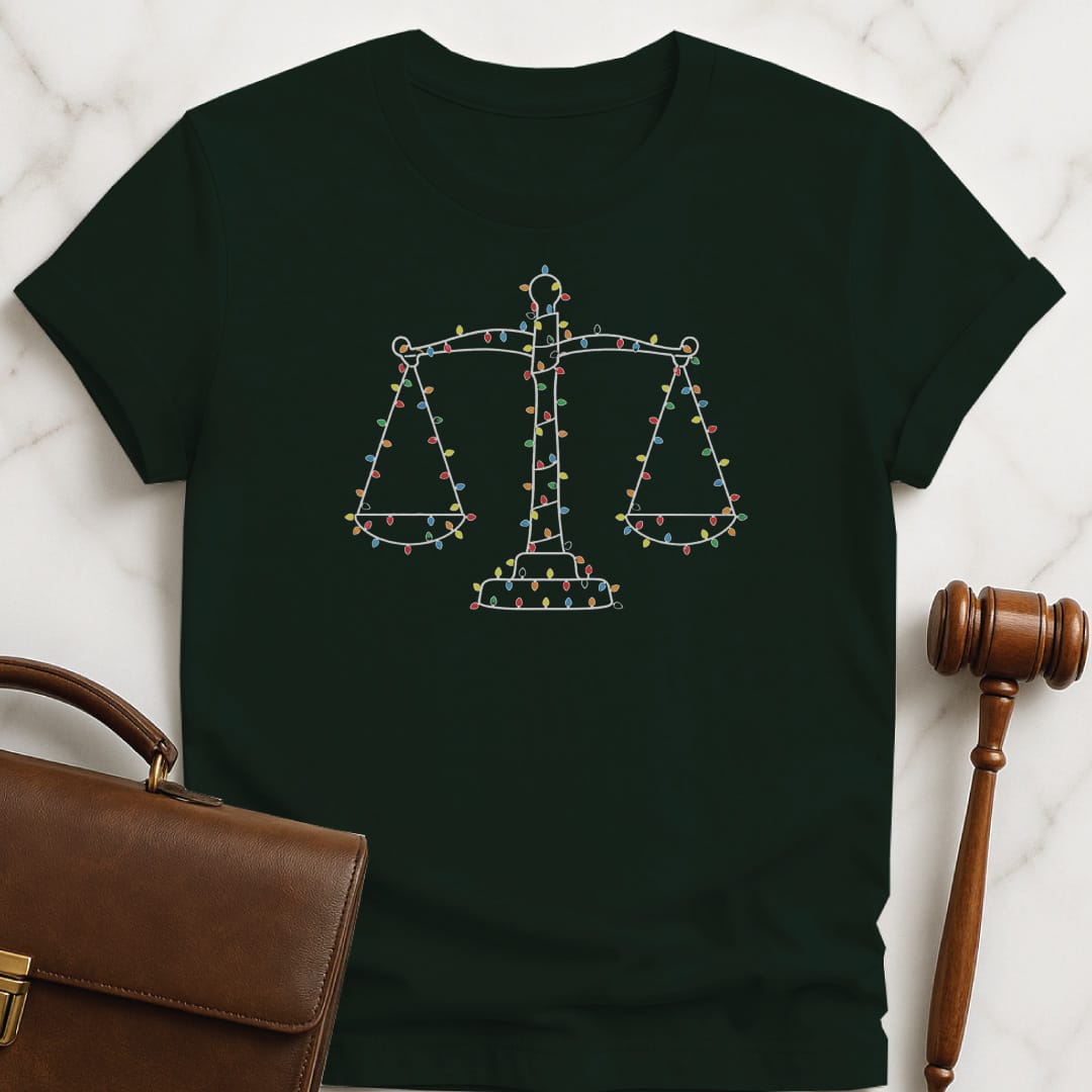 cool new lawyer t shirt featuring scales of justice in christmas lights in green