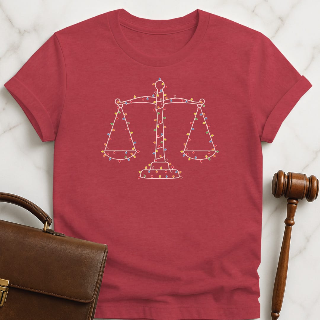 cool lawyer tee featuring scales of justice in christmas lights in heather red