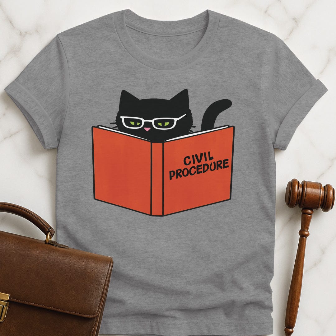 funny law student graphic t-shirt that says civ pro cat featuring a black cat reading a civil procedure case book in grey