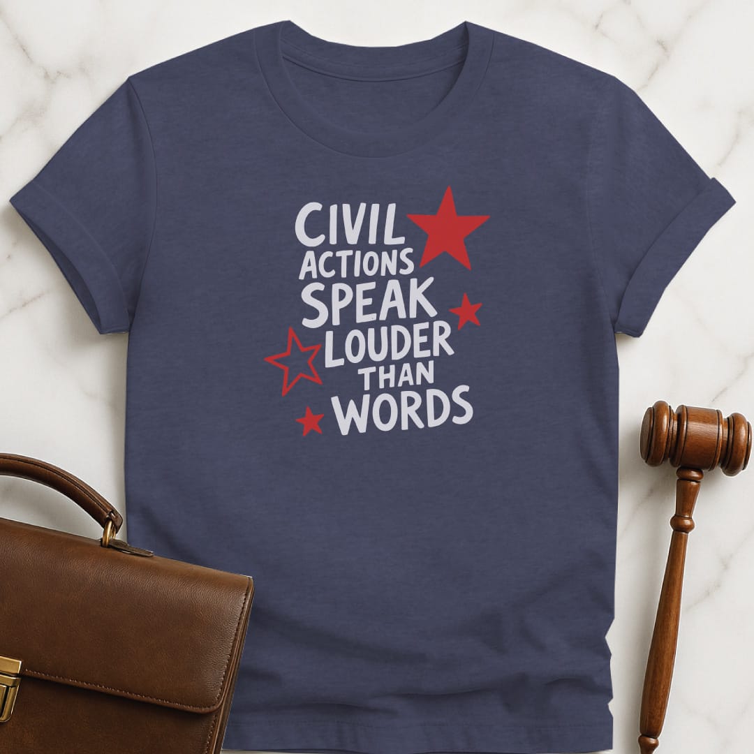 funny law grad tshirt that says Civil actions speak louder than words featuring red stars in heather blue