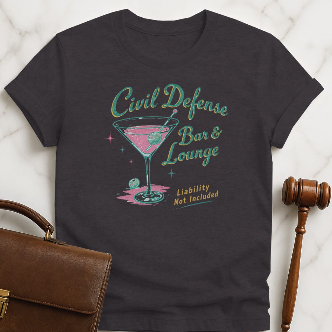 funny new attorney t-shirt that says Civil Defense Bar and lounge liability not included featuring martini in black