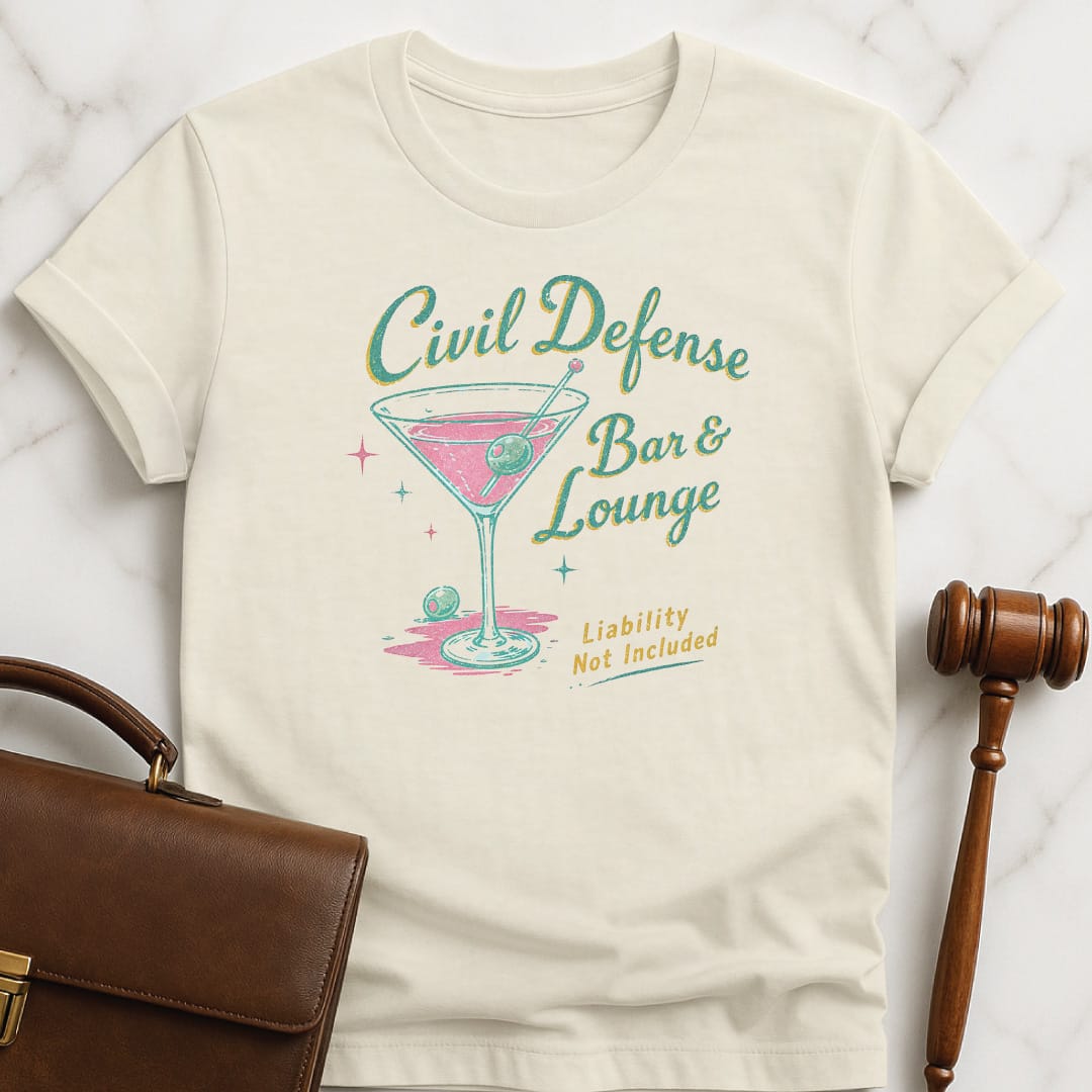 funny law school grad graphic t-shirt that says Civil Defense Bar and lounge liability not included featuring martini in cream