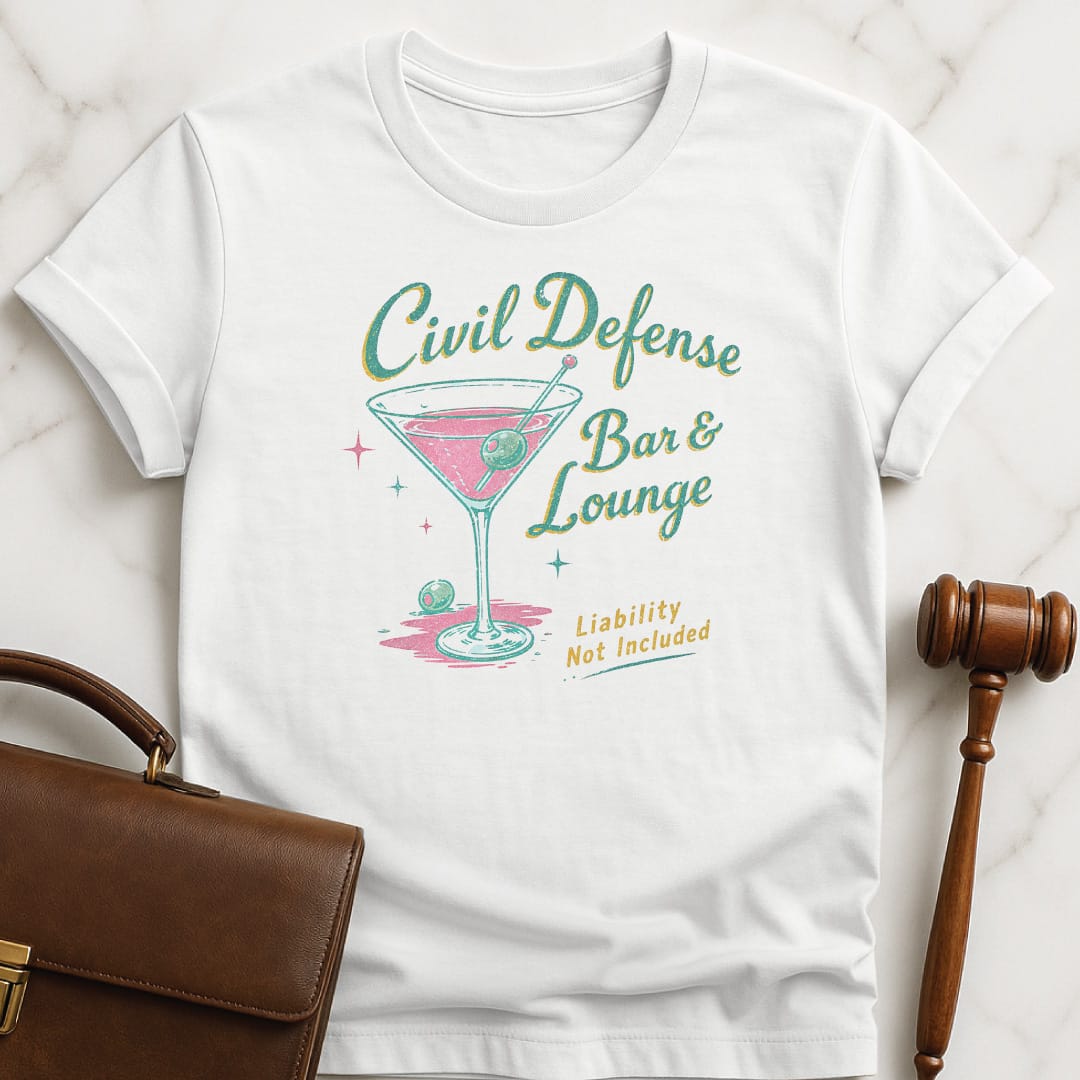 cool law school graduate graphic t shirt that says Civil Defense Bar and lounge liability not included featuring martini in white