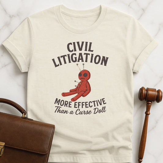 funny law school graduate tee that says Civil Litigation More Effective than a Curse Doll featuring Voodoo doll with pins in it in cream