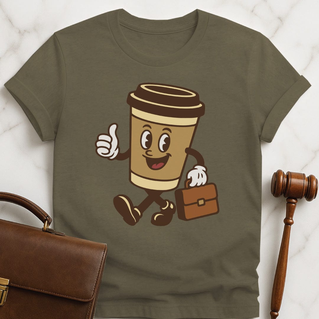cute law school grad t-shirt that says coffee lawyer featuring a coffee cup carrying a briefcase in heather green