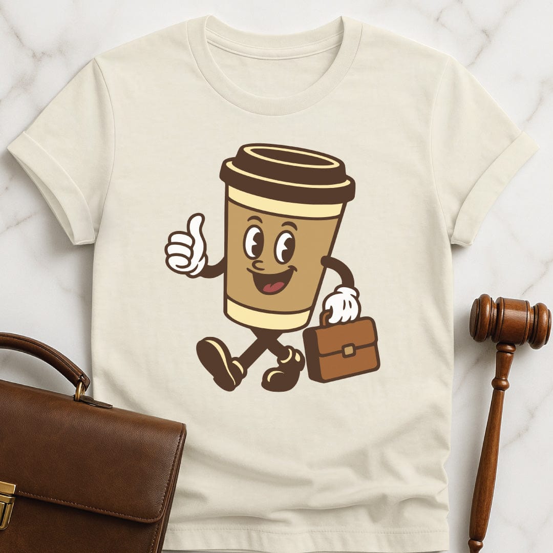 cute law student graphic t-shirt that says coffee lawyer featuring a coffee cup carrying a briefcase in cream