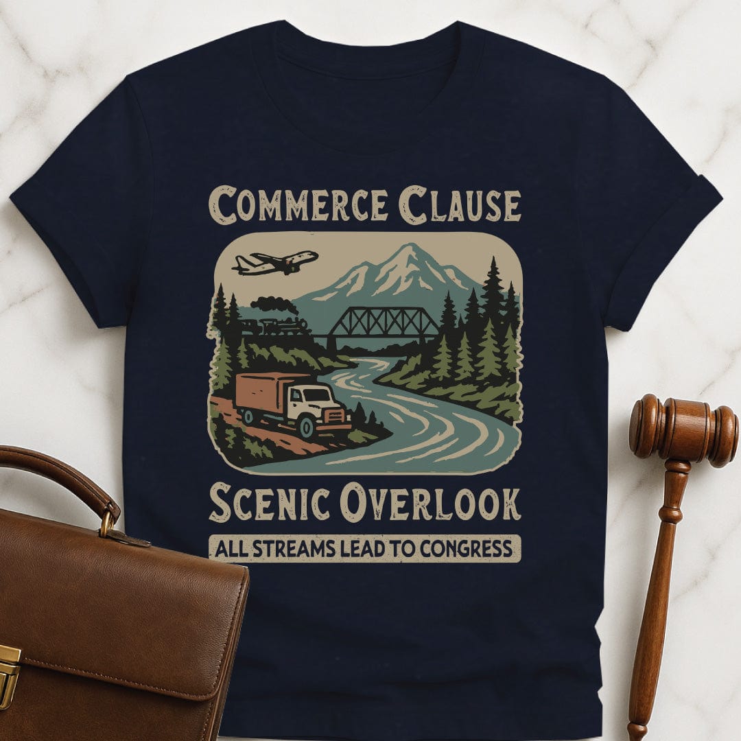 funny law school grad graphic tshirt that says Commerce Clause Scenic Overlook All streams lead to congress featuring wilderness with a plane truck and train in blue