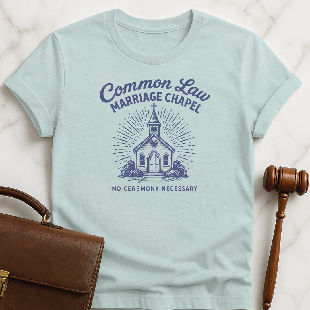 cool new lawyer graphic tee that says common law marriage chapel no ceremony necessary featuring wedding chapel in heather blue