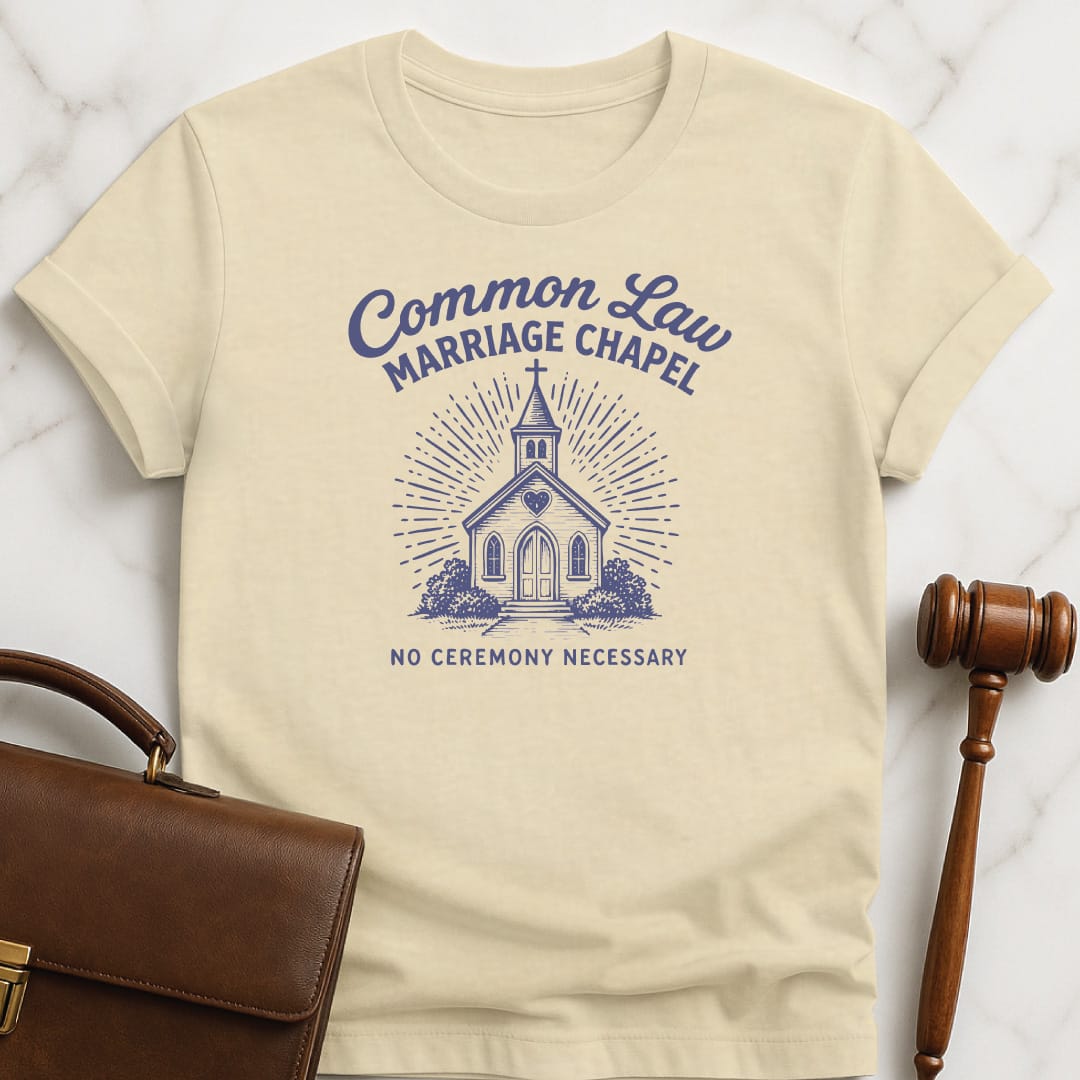 cool law school graduate graphic t shirt that says common law marriage chapel no ceremony necessary featuring wedding chapel in cream