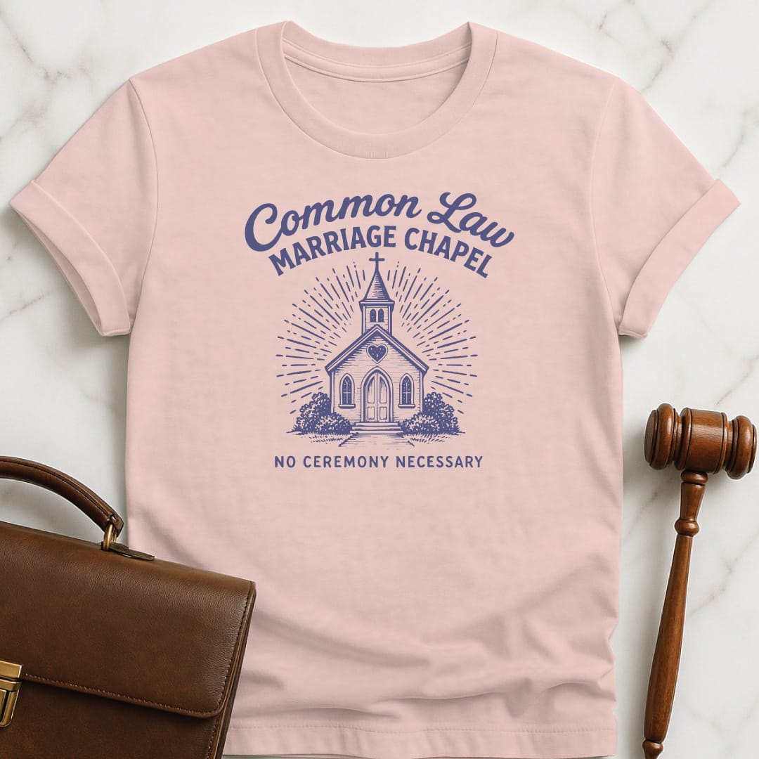 funny law graduate graphic tshirt that says common law marriage chapel no ceremony necessary featuring wedding chapel in pink