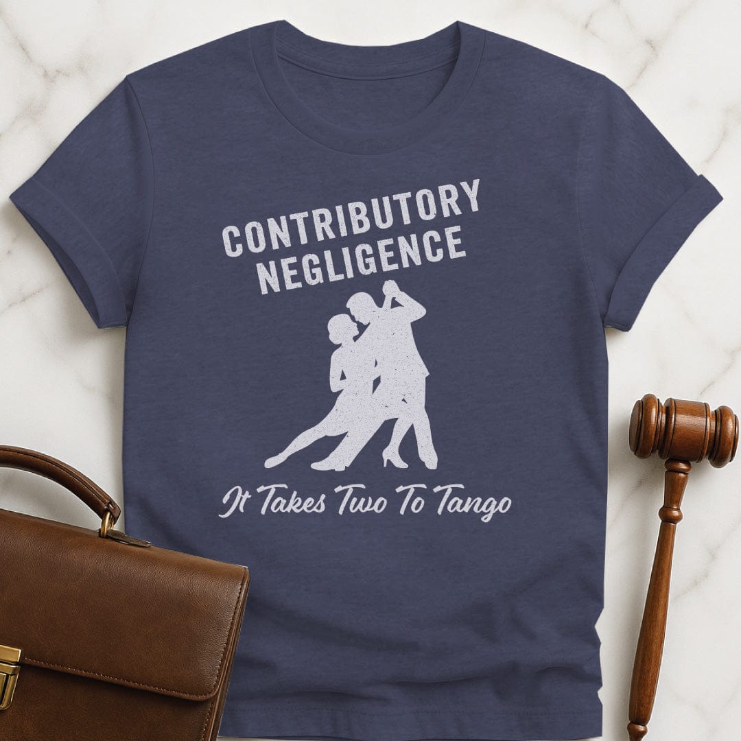 humorous new attorney graphic t-shirt that says Contributory Negligence It Takes Two To Tango featuring Tango dancers in heather blue