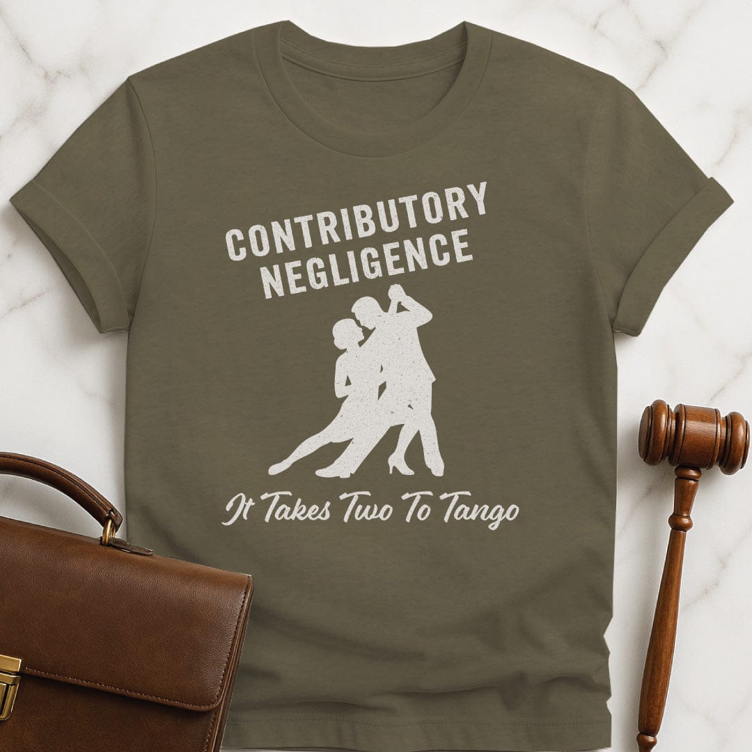 humorous law school grad tshirt that says Contributory Negligence It Takes Two To Tango featuring Tango dancers in heather green