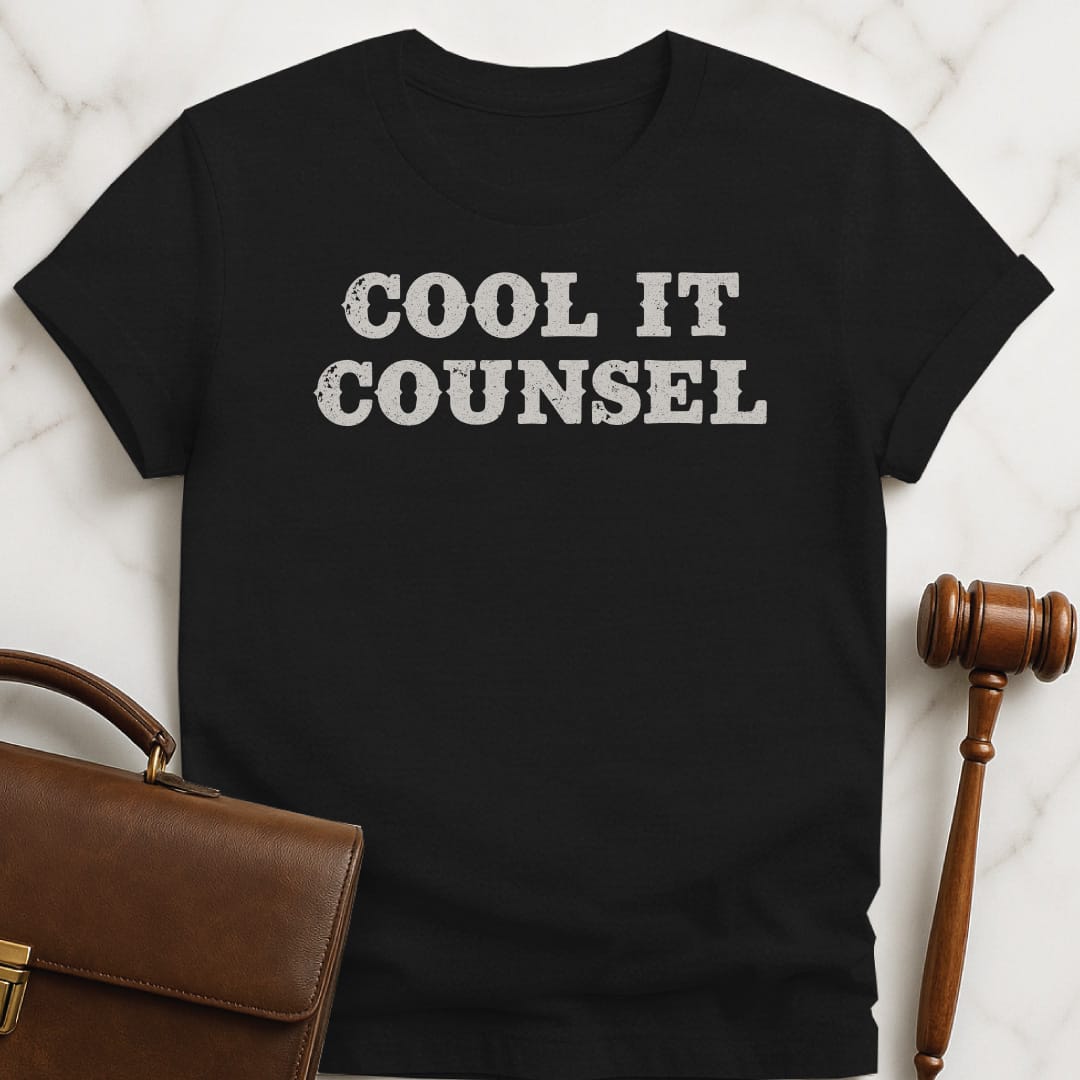 funny new attorney graphic tee that says Cool it counsel featuring cowboy lettering in black