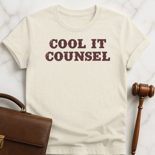 cool law school tshirt that says Cool it counsel featuring cowboy lettering in cream