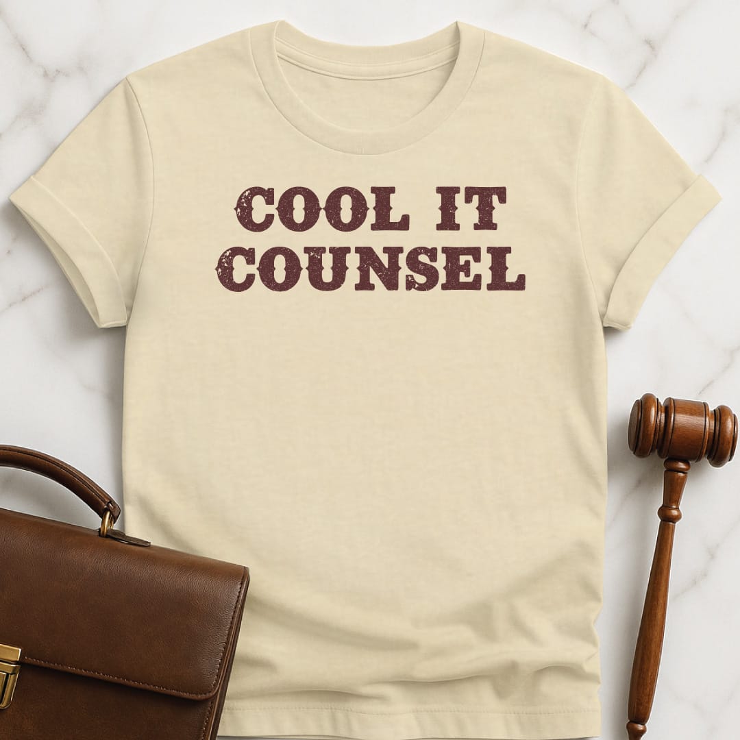 funny law student tee that says Cool it counsel featuring cowboy lettering in cream