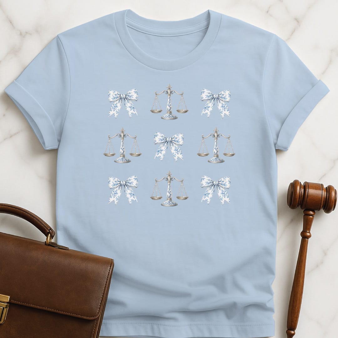 pretty law graduate graphic tee featuring coquette bows and scales of justice in blue