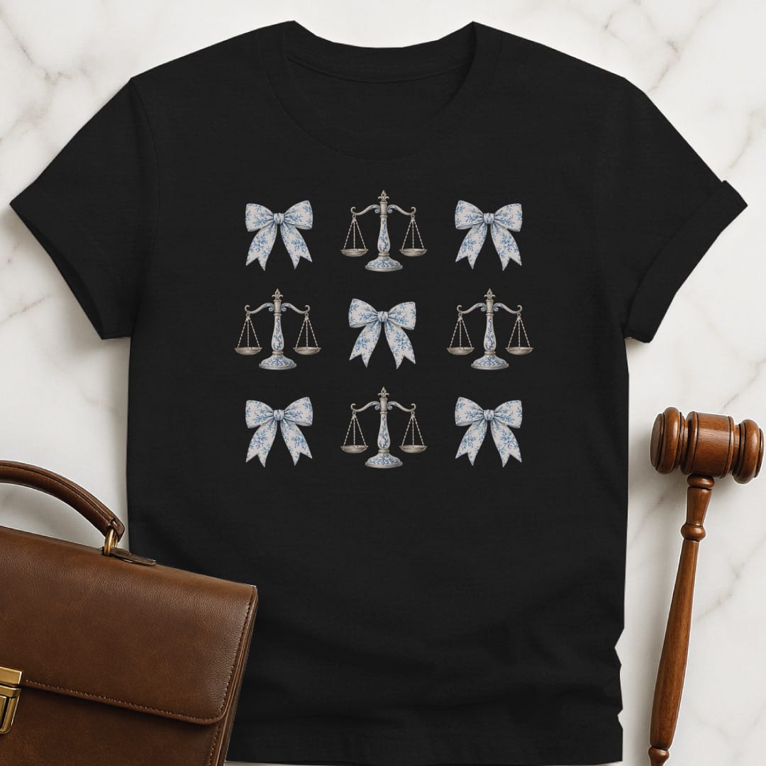 cute new lawyer t-shirt featuring coquette bows and scales of justice in black