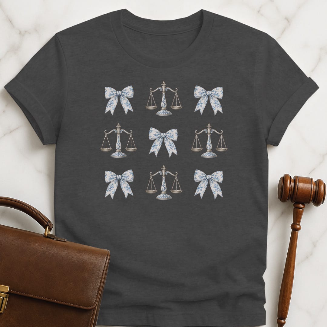 pretty new attorney t shirt featuring coquette bows and scales of justice in grey