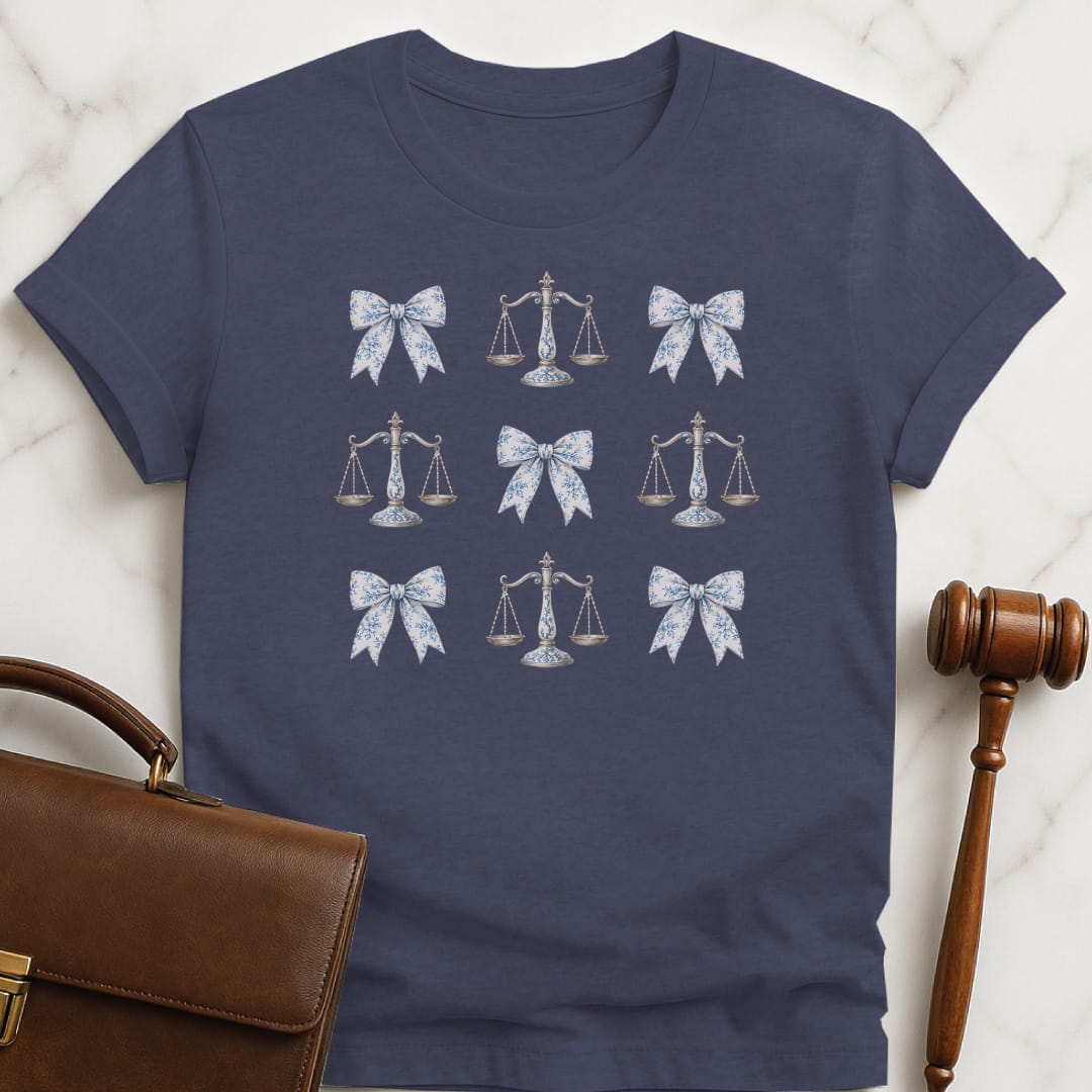 cute lawyer tshirt featuring coquette bows and scales of justice in heather blue