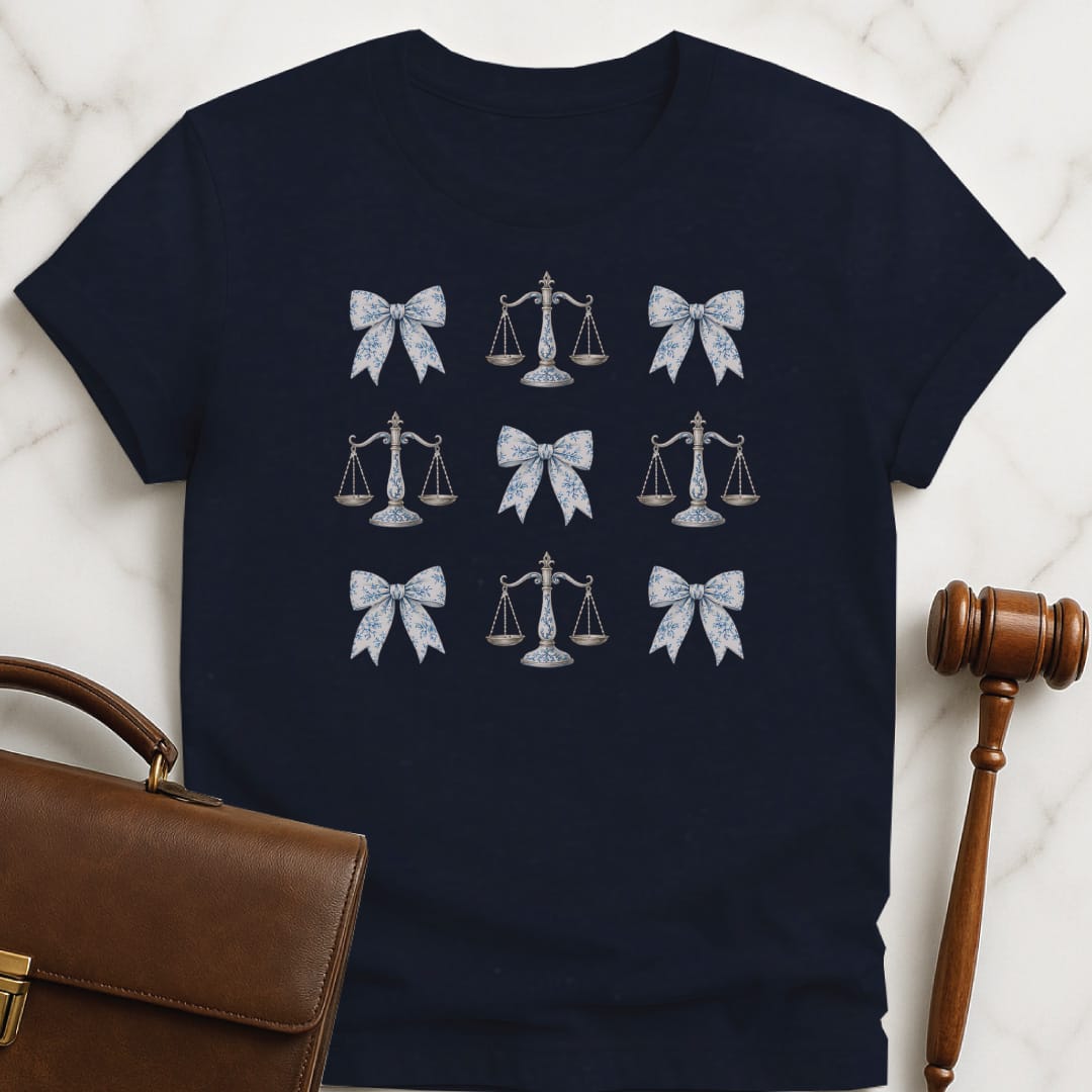 pretty attorney tee featuring coquette bows and scales of justice in blue