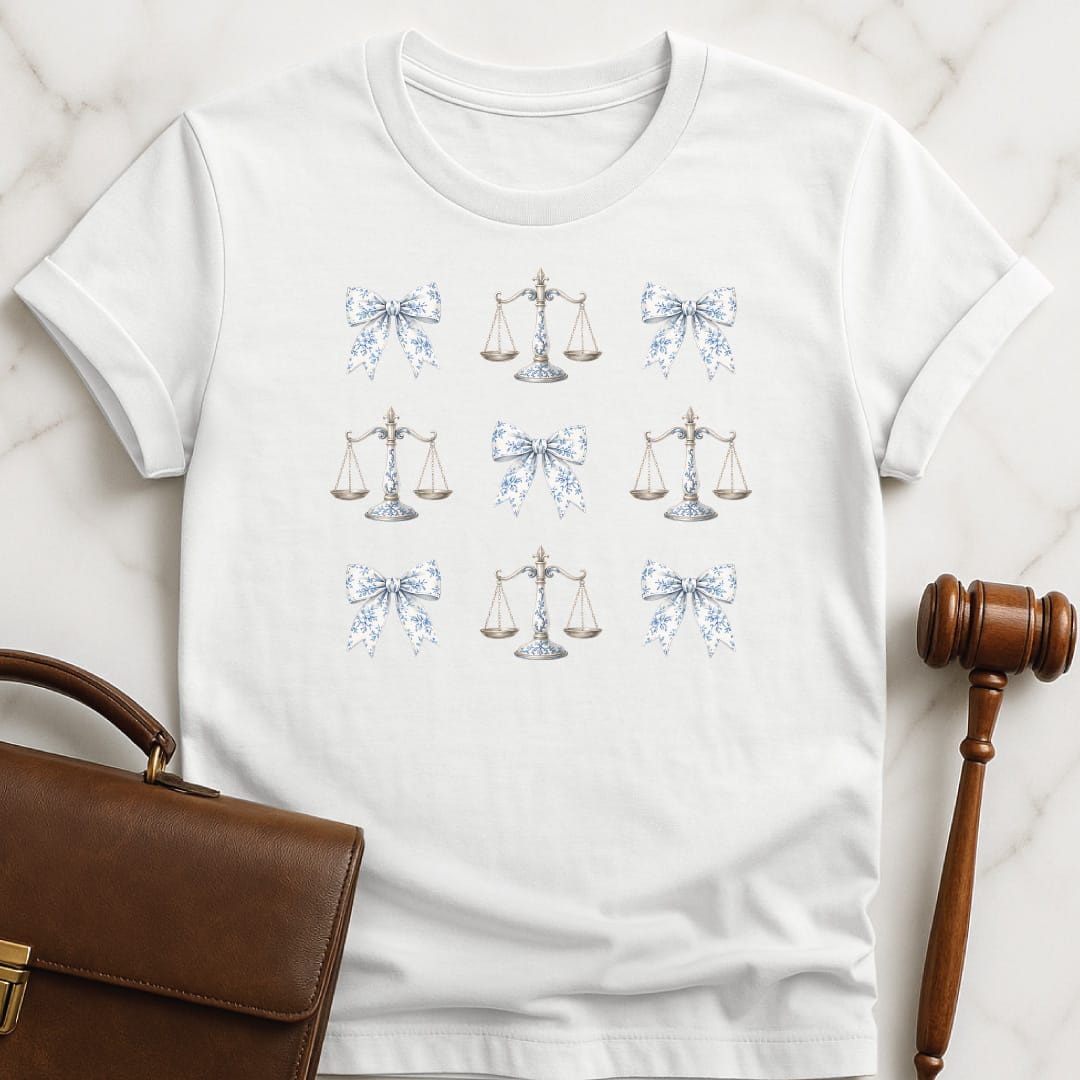 cute law school graphic t-shirt featuring coquette bows and scales of justice in white