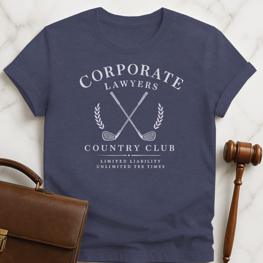 funny law grad graphic t-shirt that says Corporate lawyers country club limited liability unlimited tee times featuring golf clubs in heather blue