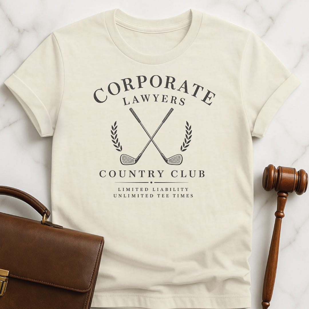 cool law school grad graphic t shirt that says Corporate lawyers country club limited liability unlimited tee times featuring golf clubs in cream