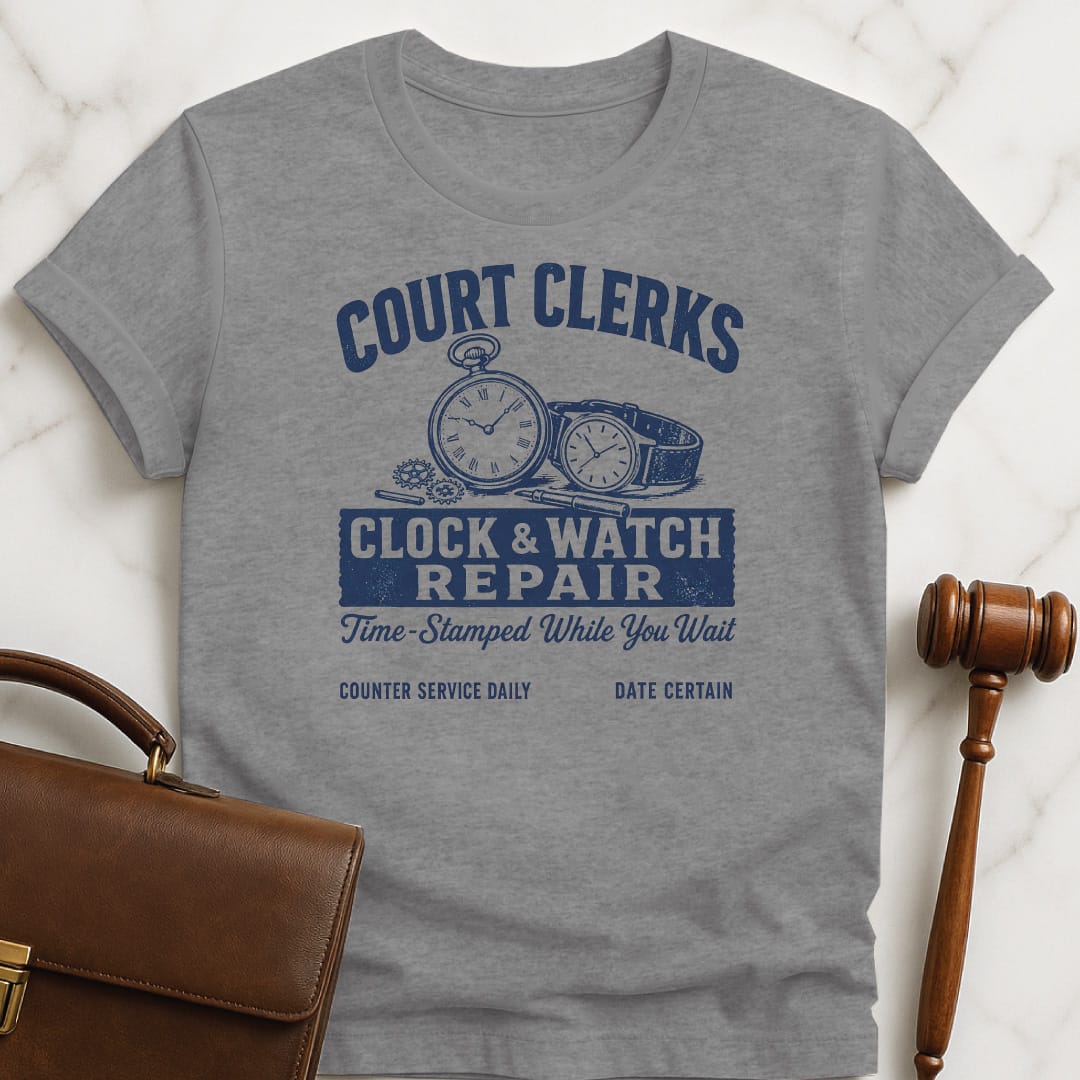 cool attorney t shirt that says court clerks clock and watch repair time featuring clock and watch in grey