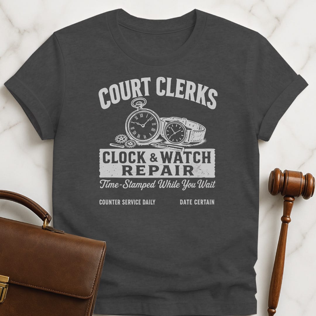 funny lawyer tshirt that says court clerks clock and watch repair time featuring clock and watch in grey