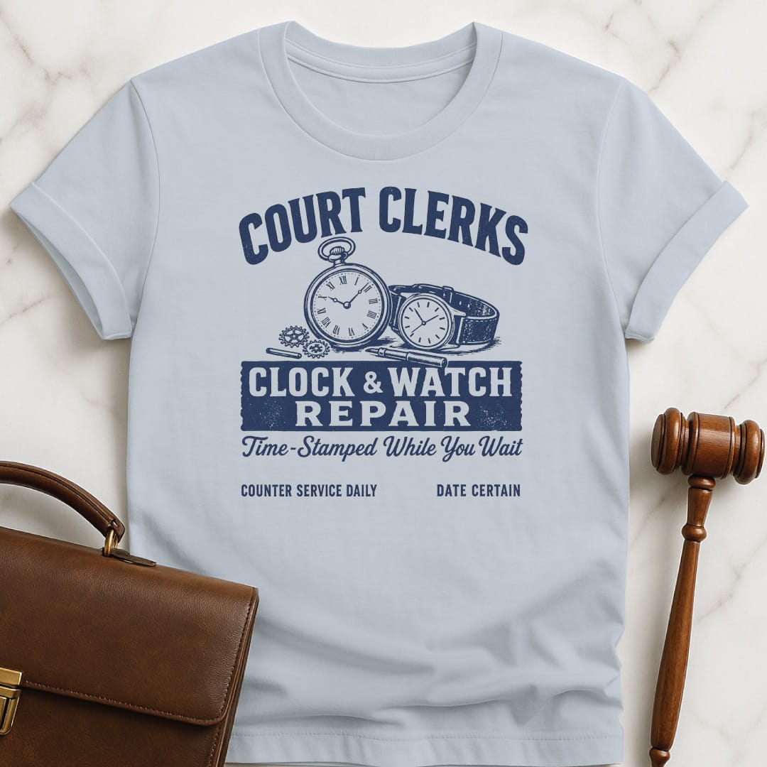 funny lawyer graphic t-shirt that says court clerks clock and watch repair time featuring clock and watch in blue