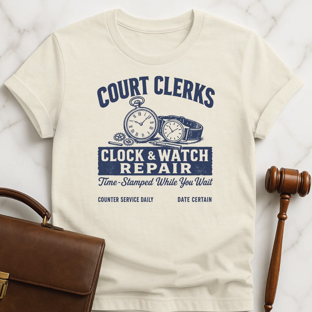 cool attorney graphic t shirt that says court clerks clock and watch repair time featuring clock and watch in cream