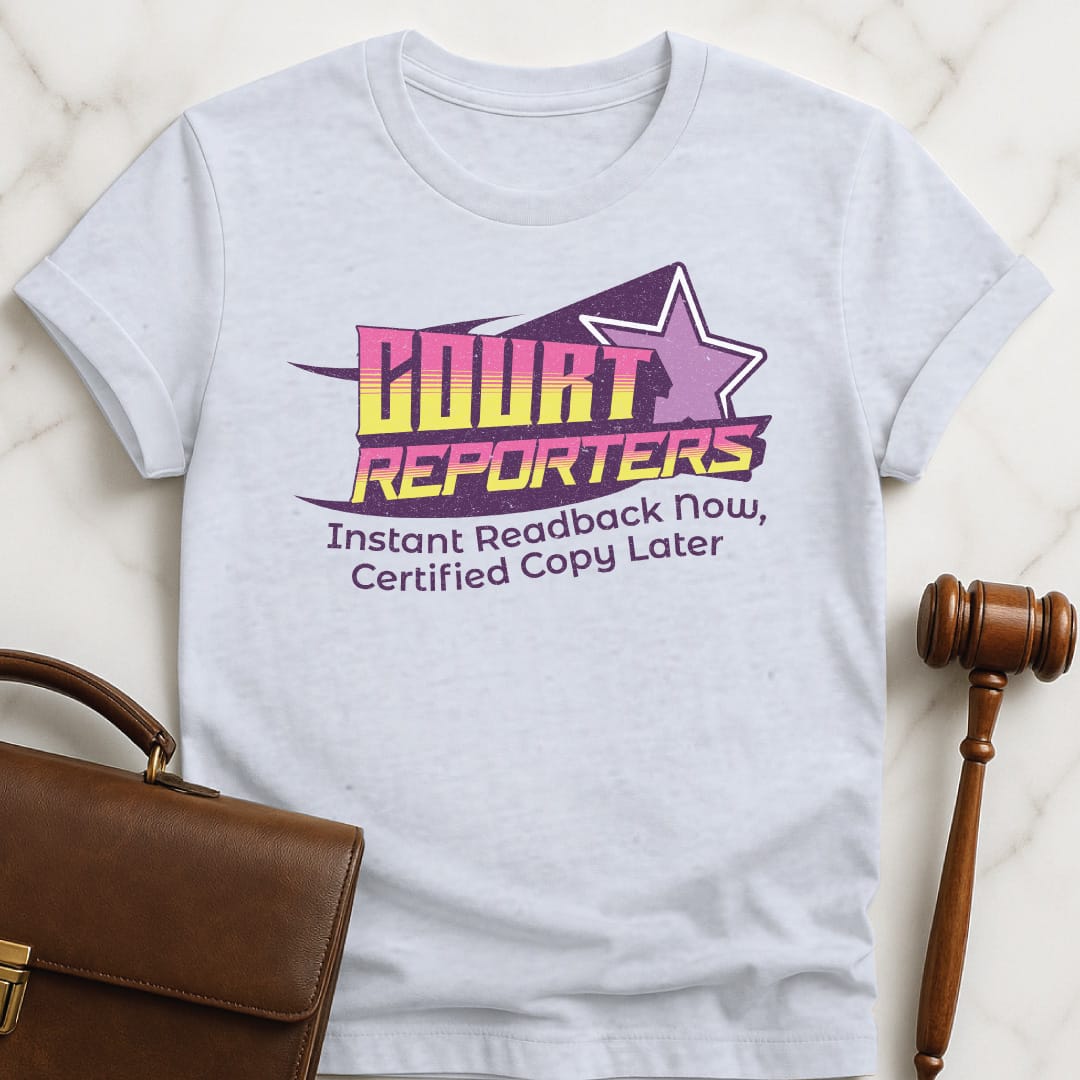 funny lawyer graphic t-shirt that says Court Reporters instant readback now certified copy later featuring 80s design neon memphis in grey