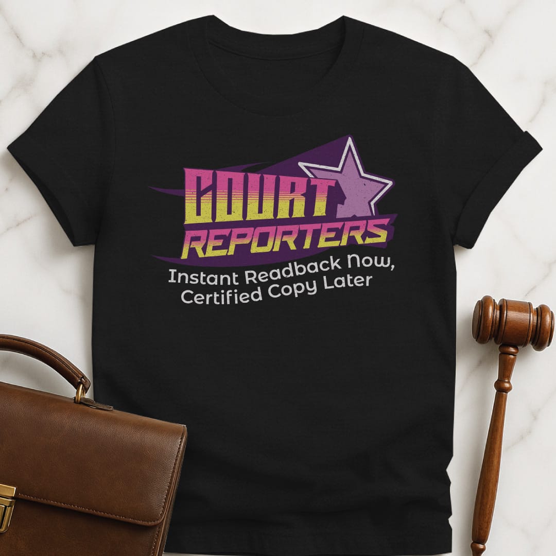 funny lawyer t-shirt that says Court Reporters instant readback now certified copy later featuring 80s design neon memphis in black