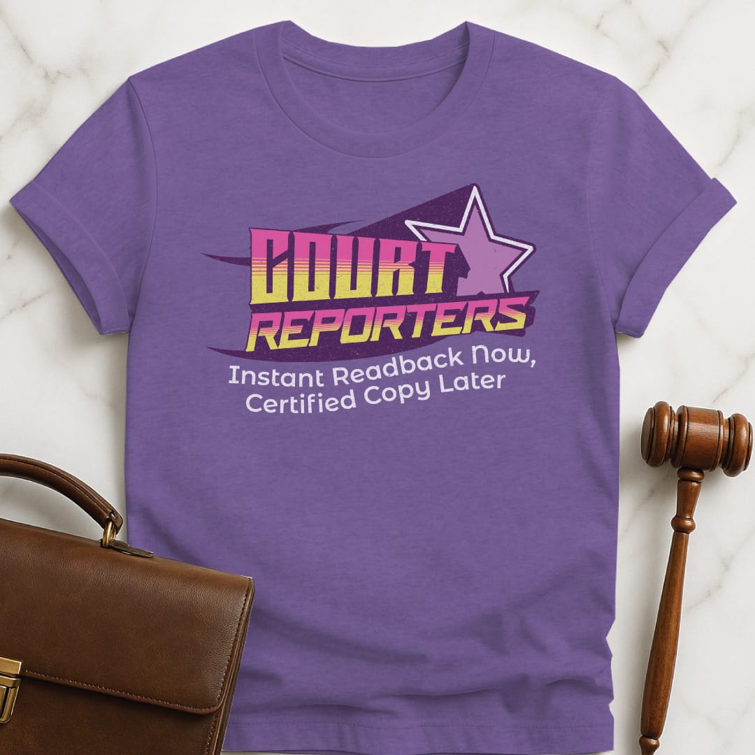 cool attorney t shirt that says Court Reporters instant readback now certified copy later featuring 80s design neon memphis in heather purple