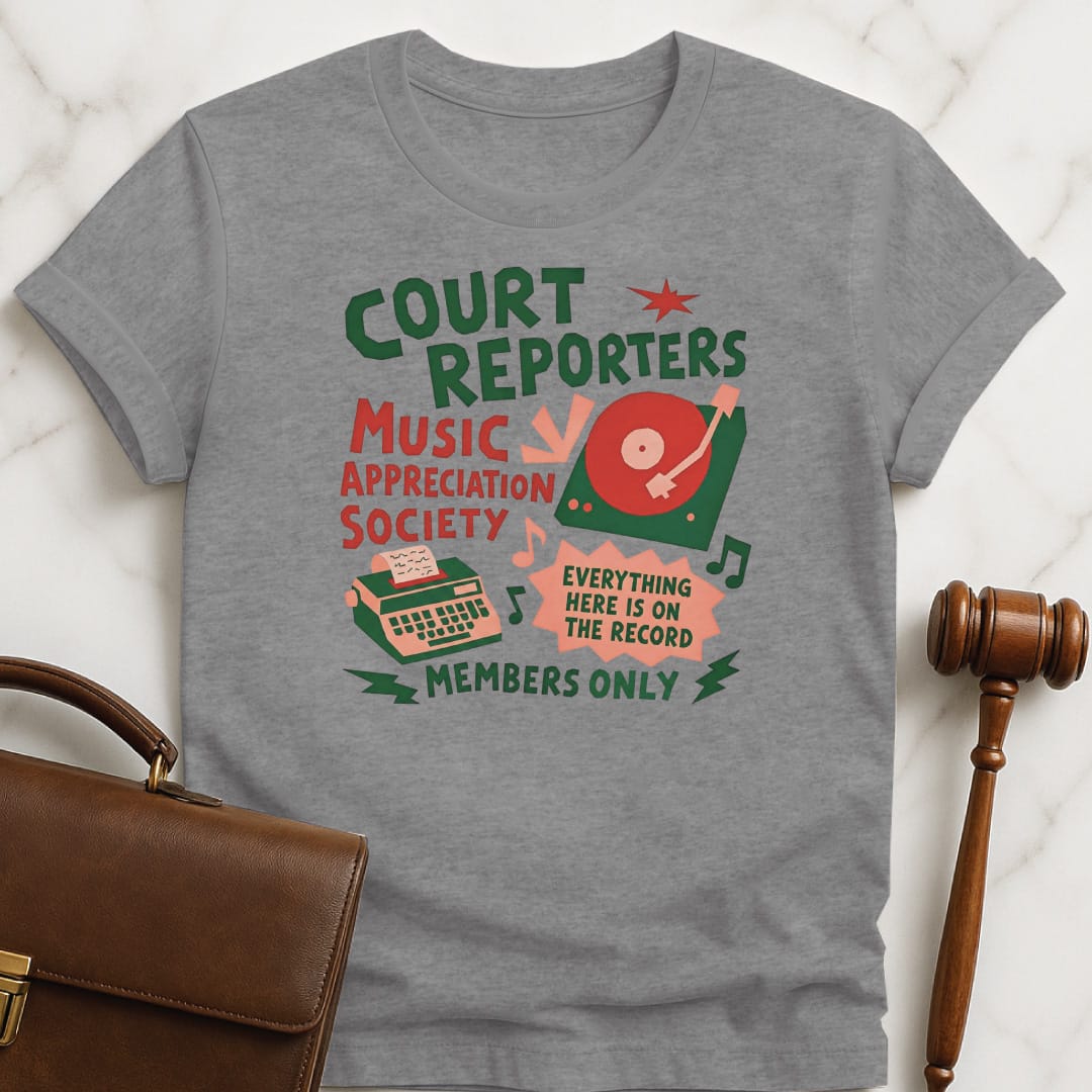 cool attorney graphic t shirt that says court reporters music appreciation society everything here featuring record player and stenographic machine in grey