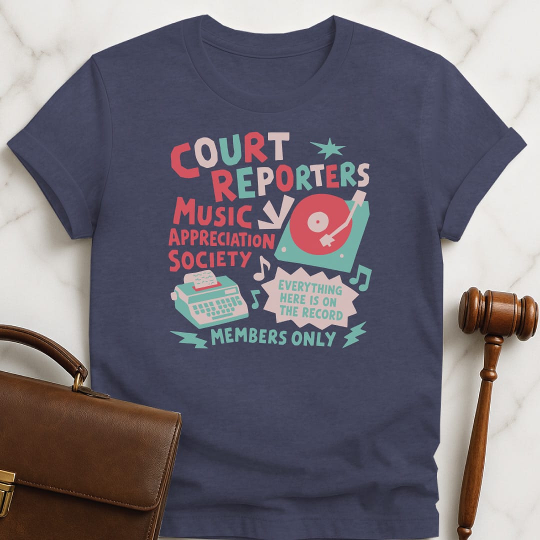 funny lawyer t-shirt that says court reporters music appreciation society everything here featuring record player and stenographic machine in heather blue