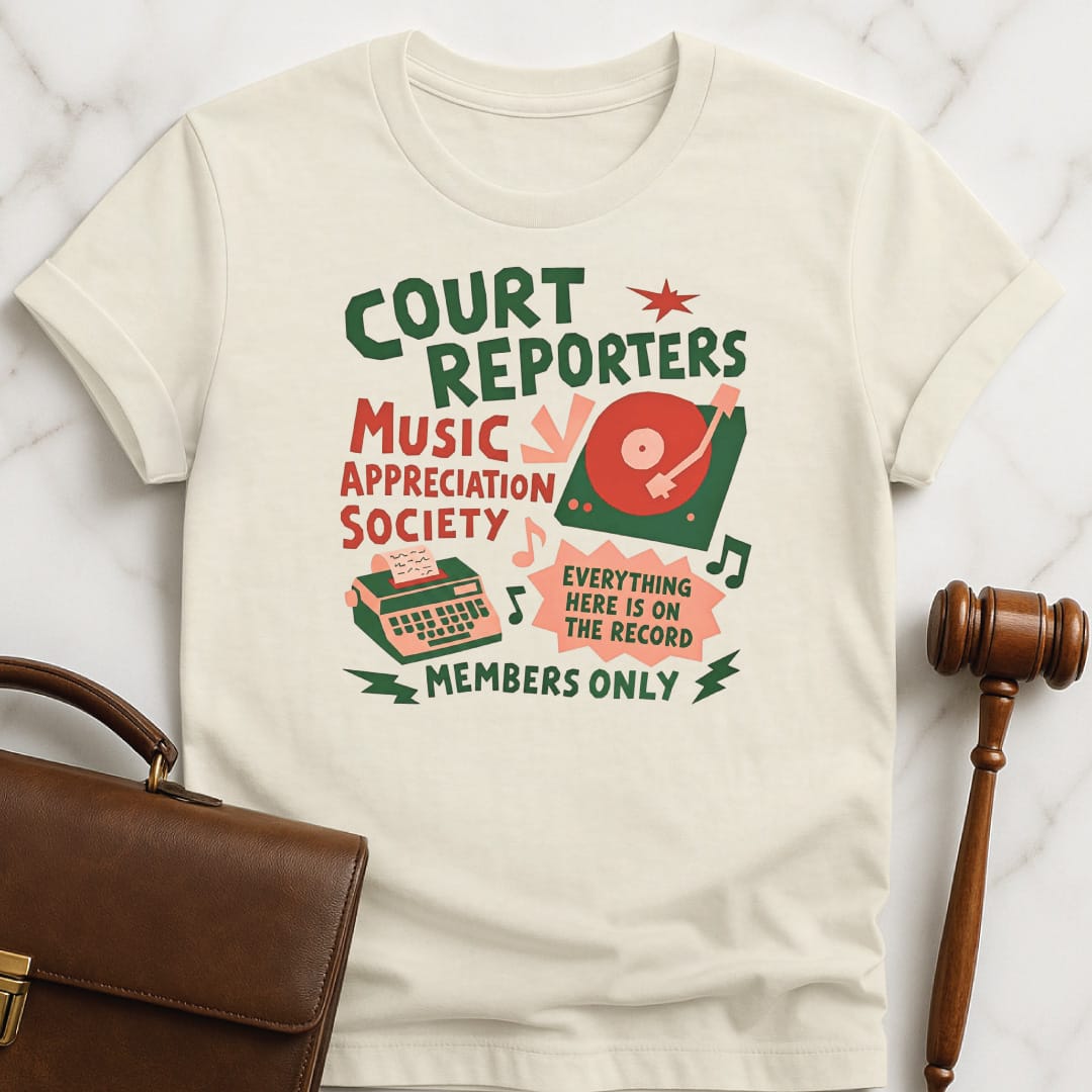 cool attorney t shirt that says court reporters music appreciation society everything here featuring record player and stenographic machine in cream