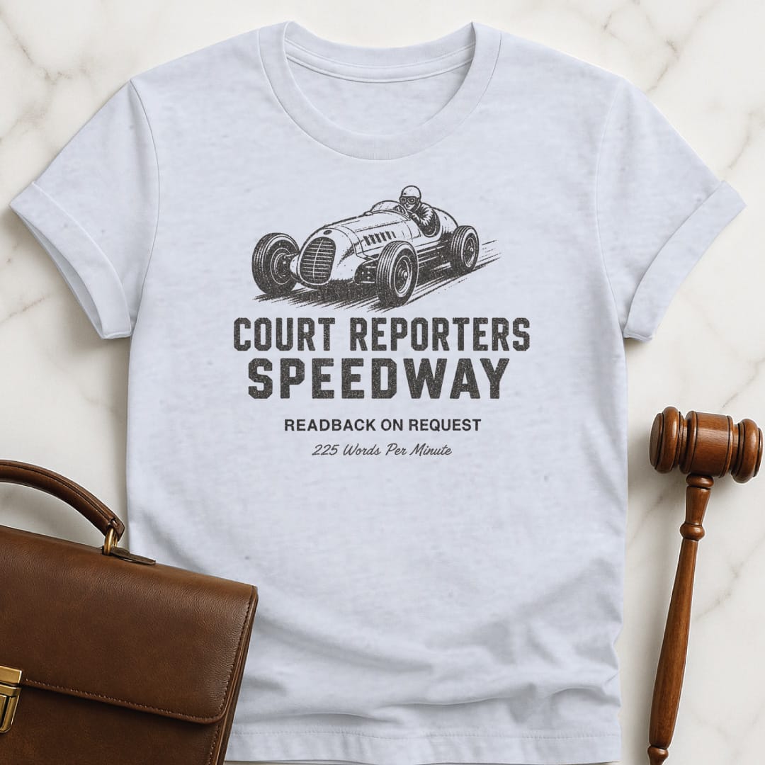 cool attorney t shirt that says Court reporters speedway 225 words per minute readback on request featuring old fashioned race car in grey
