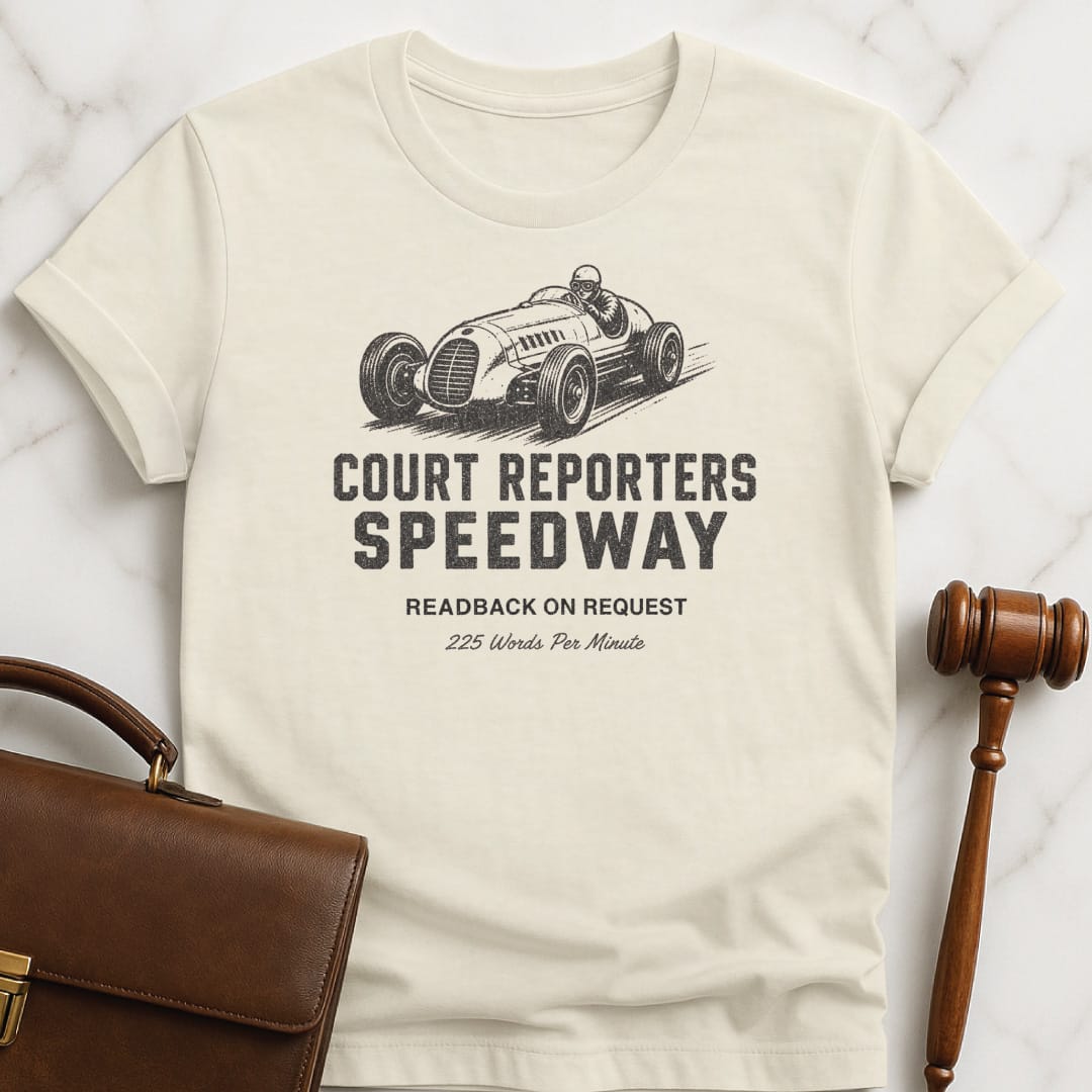 cool attorney graphic tee that says Court reporters speedway 225 words per minute readback on request featuring old fashioned race car in cream