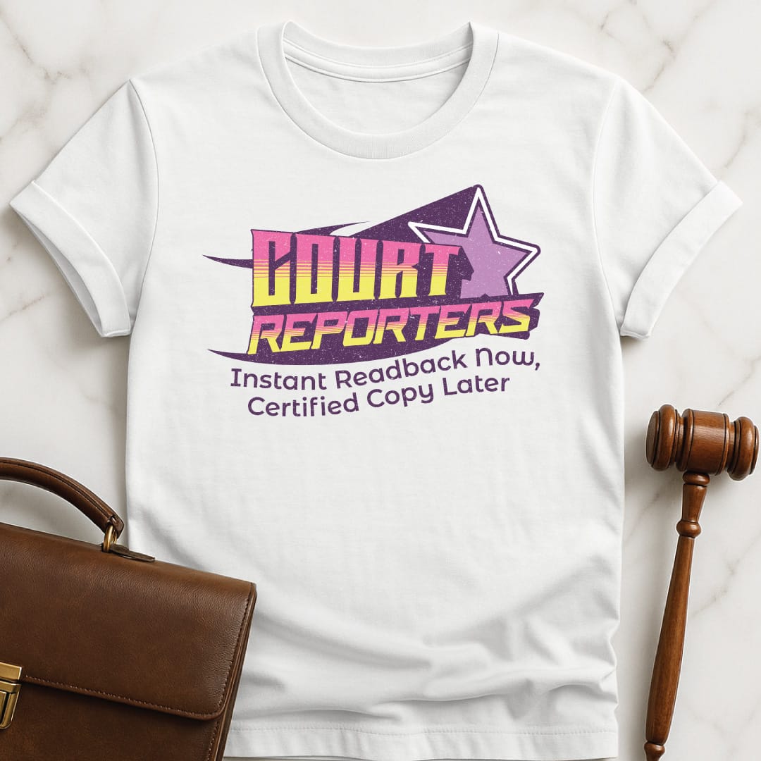 funny lawyer tshirt that says Court Reporters instant readback now certified copy later featuring 80s design neon memphis in white