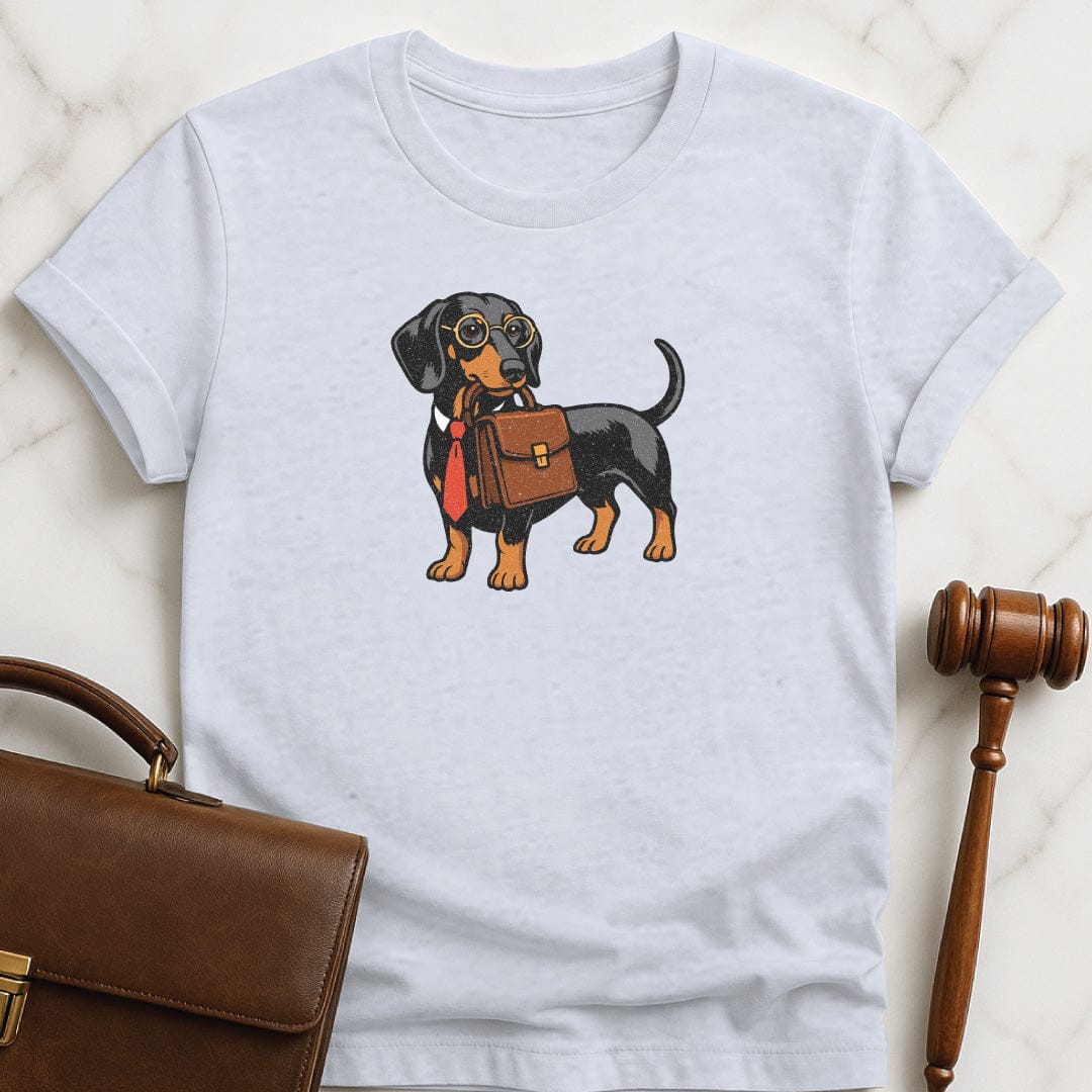 cute attorney graphic tshirt featuring dachshund dog lawyer carrying a briefcase and wearing a tie in grey