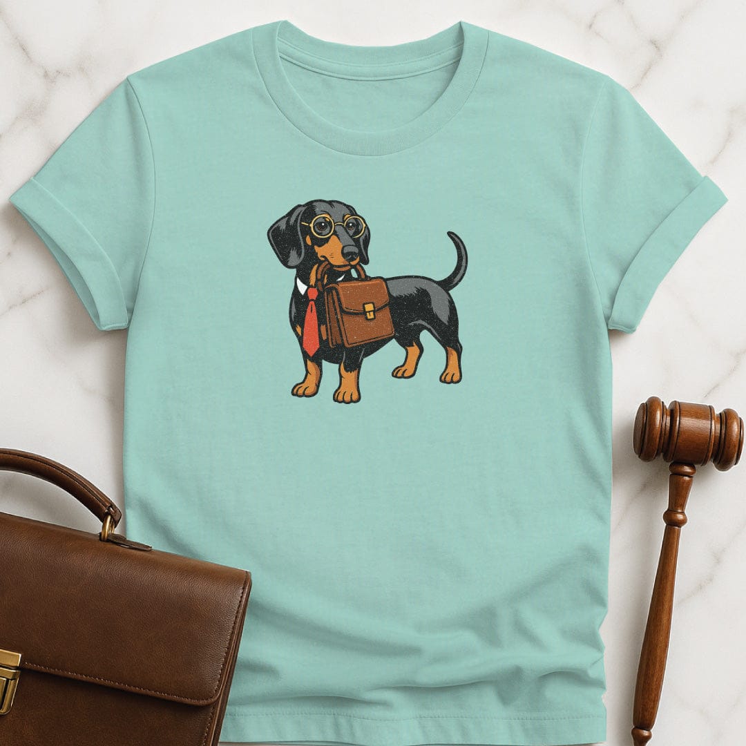 cute law school grad t-shirt featuring dachshund dog lawyer carrying a briefcase and wearing a tie in heather green